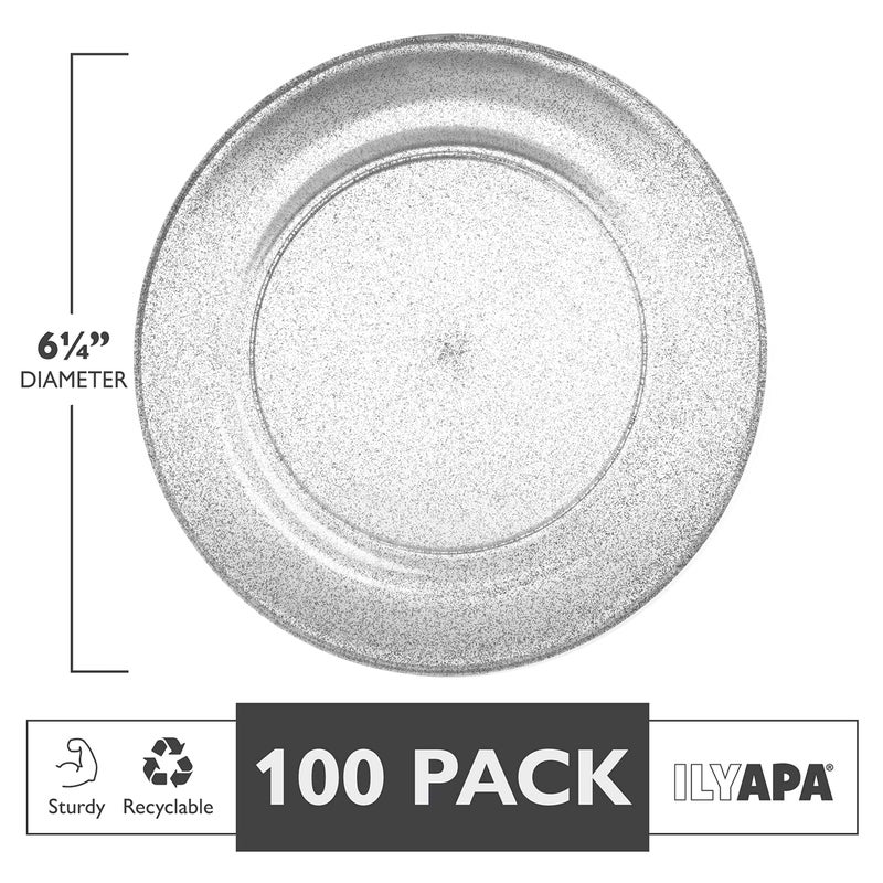 Ilyapa 100 Pack 6 Inch Disposable Dessert Plates, Plastic Clear Party Sets for 100 Guests, Clear Appetizer and Cake plates 6", Party & Dinner Accessories, Silver Glitter - Image 2